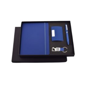 Specification,In-Depth Detail A5 Elastic Diary,Features a premium soft-touch cover with an elastic closure band to keep notes secure and a built-in ribbon bookmark. Business Cardholder,"A slim, pocket-friendly cardholder with a magnetic clasp, designed to keep business cards crisp and professional." Executive Metal Pen,"A weighted, ergonomic ballpoint pen that provides a smooth writing experience, finished in a matching blue and silver tone." Multi-Utility Keychain,"Crafted with high-grade metal and leatherette detailing, featuring a sturdy ring for organizing office or car keys." Material Quality,Constructed using durable PU leather and rust-resistant alloys to ensure a premium feel and long-lasting durability. Professional Branding,Large surface areas on the diary and cardholder are ideal for custom logo printing or laser engraving. Visual Appeal,"The uniform color scheme offers a cohesive, sophisticated look that enhances any professional workspace." Dimensions & Weight,"Designed to be lightweight yet substantial, fitting perfectly into laptop bags or briefcase compartments."