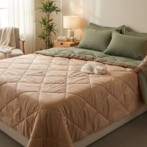 Sage & Peach Reversible Diamond-Quilt AC Comforter Set with Floral Embroidery