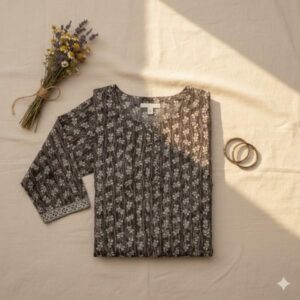 Charcoal Grey Floral Vine Hand-Block Printed Cotton Kurti with Bordered Sleeves