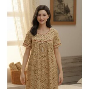 Elegant Cream Floral Print Cotton Nightgown with Red Piping Detail