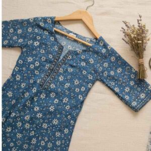 Indigo Blue Hand-Block Floral Printed Cotton Kurti with Border Detail