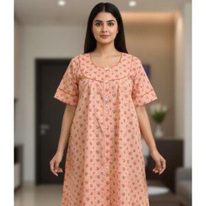 Pastel Peach Floral Print Front-Open Cotton Nightgown