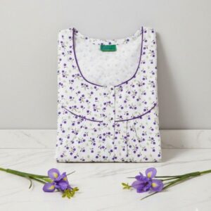 Premium White Floral Print Cotton Nighty with Purple Contrast Piping