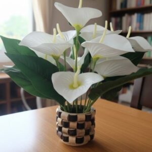 Serene Ivory Anthurium in Handcrafted Mosaic Wood Planter