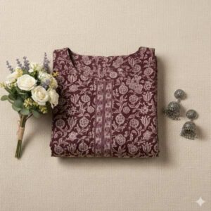 Wine Burgundy Floral Jaal Cotton Kurti with Patterned Yoke & Border Detail