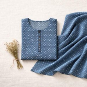 Women's Indigo Blue Polka Dot Cotton Straight Kurti with Button Placket