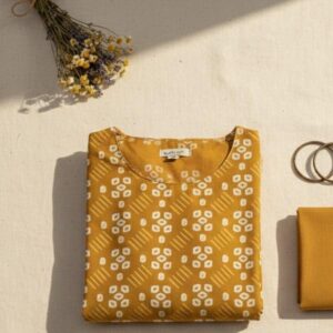 Women's Mustard Yellow Bandhani Style Cotton Kurti with Bordered Sleeves