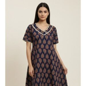 Women's Navy Blue Cotton A-Line Nighty with Ethnic Leaf Print