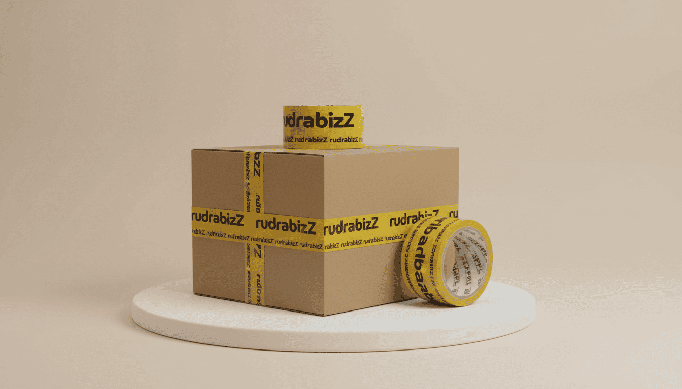 Rudrabizz Printed BOPP Packaging Tape 48mm (2 Inch) 65 Meter Length | Strong Adhesive Parcel Packing Tape | 1 Roll Pack for E-commerce & Box Sealing